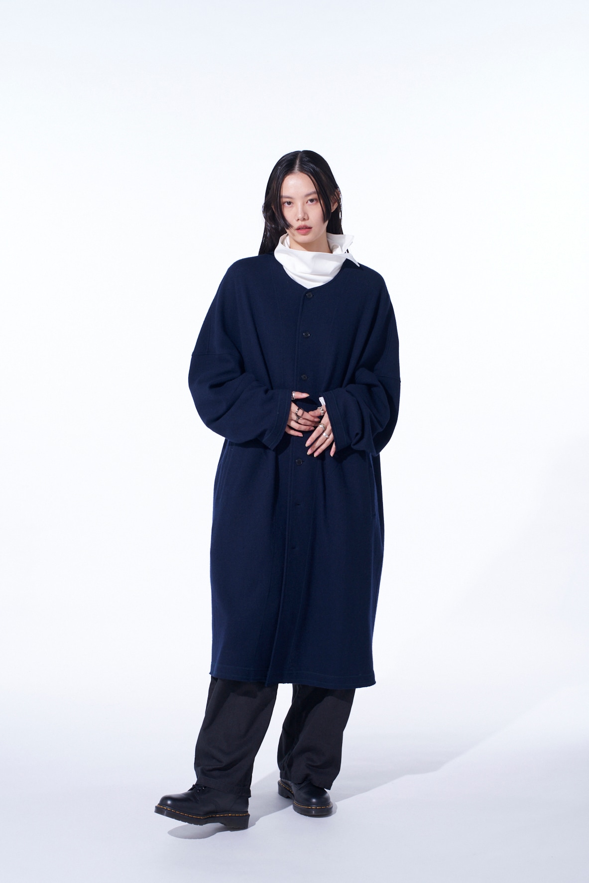 AIRY JERSEY COLLARLESS LONG CARDIGAN(M Navy): S'YTE｜THE SHOP
