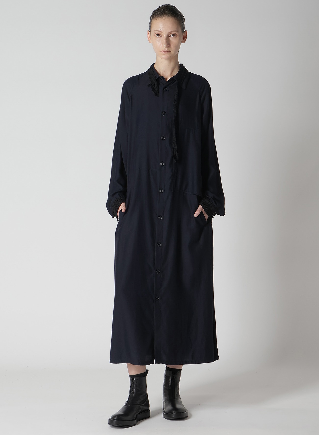 CUPRO DUNGAREE TWILL CROCHET COMBINATION SHRT DRESS(XS Indigo