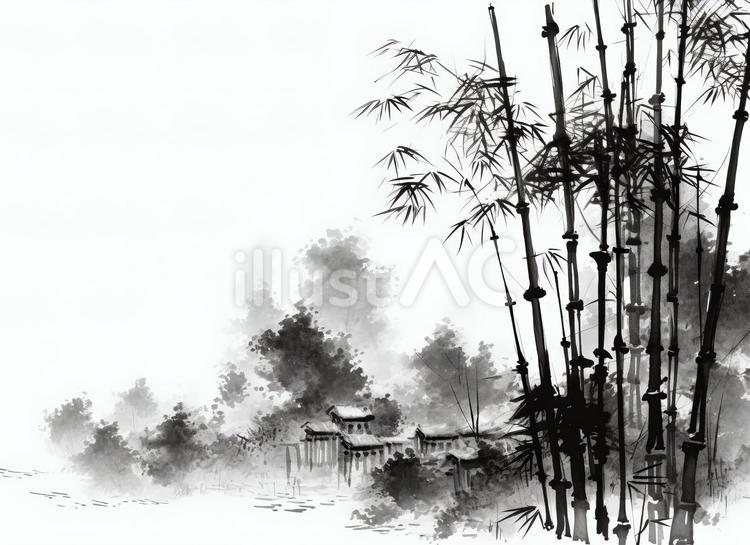 竹のある自然風景の水墨画イラスト - No: 23927804｜無料イラスト