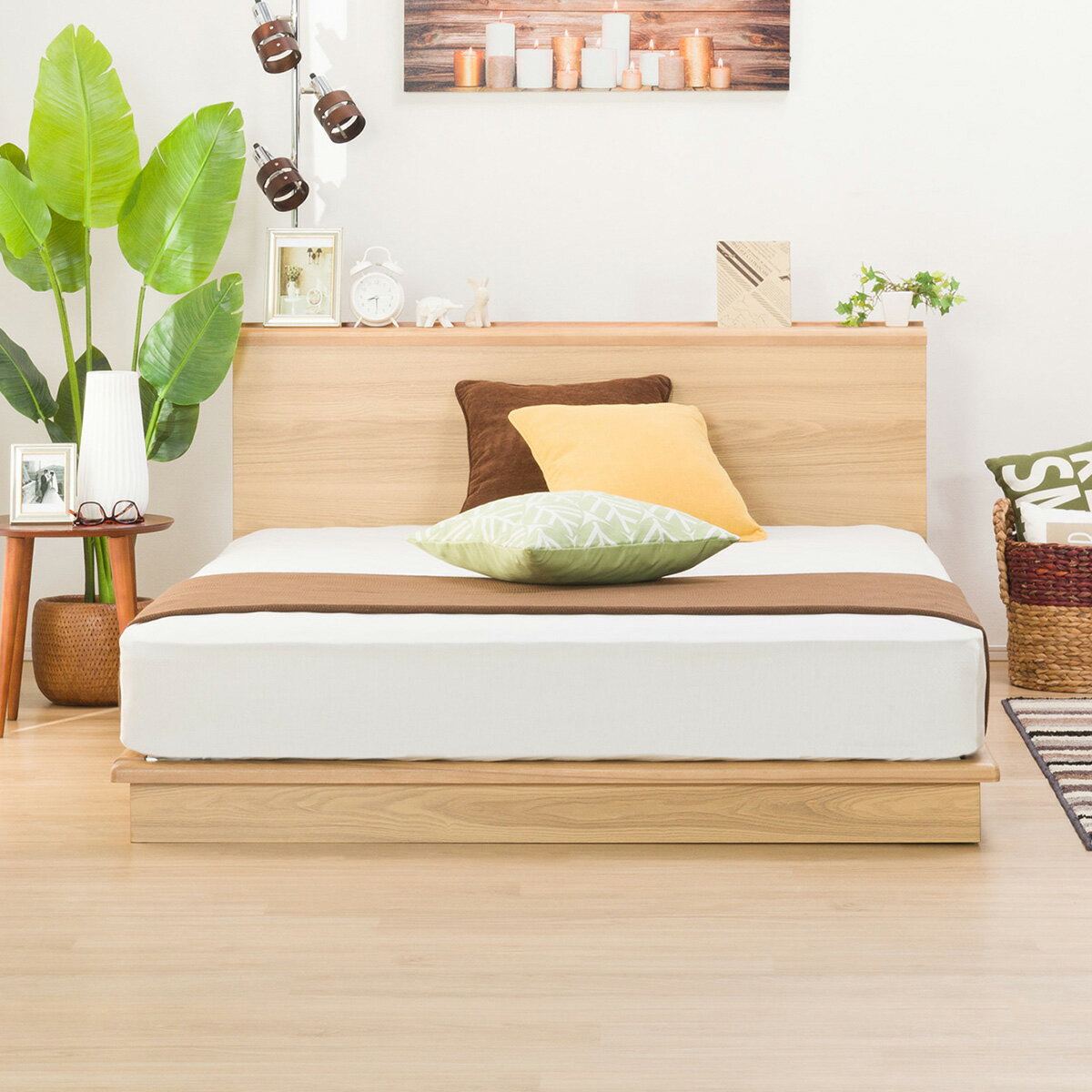 予約済み)すのこダブルベッドフレーム(KG 宮・照明付き 深型 LBR