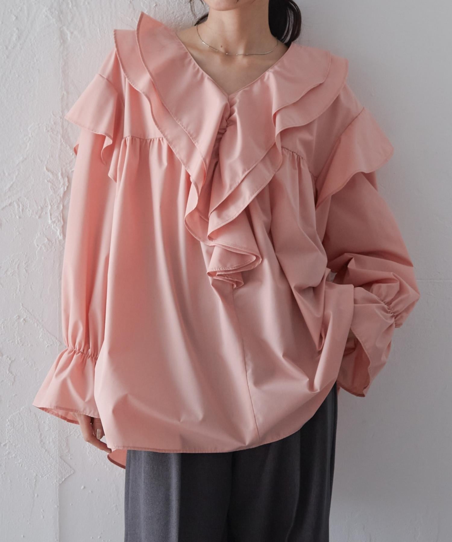 楽天市場】フリルブラウス（カラーピンク）（トップス｜レディース