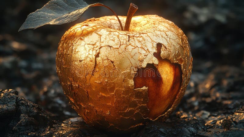 Golden Apple with Textured Cracks Revealing Core Stock Photo