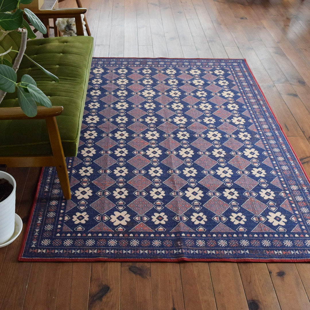 ヴィンテージ風ラグ TOCORU Series バルーチ フラワー ループ ネイビー