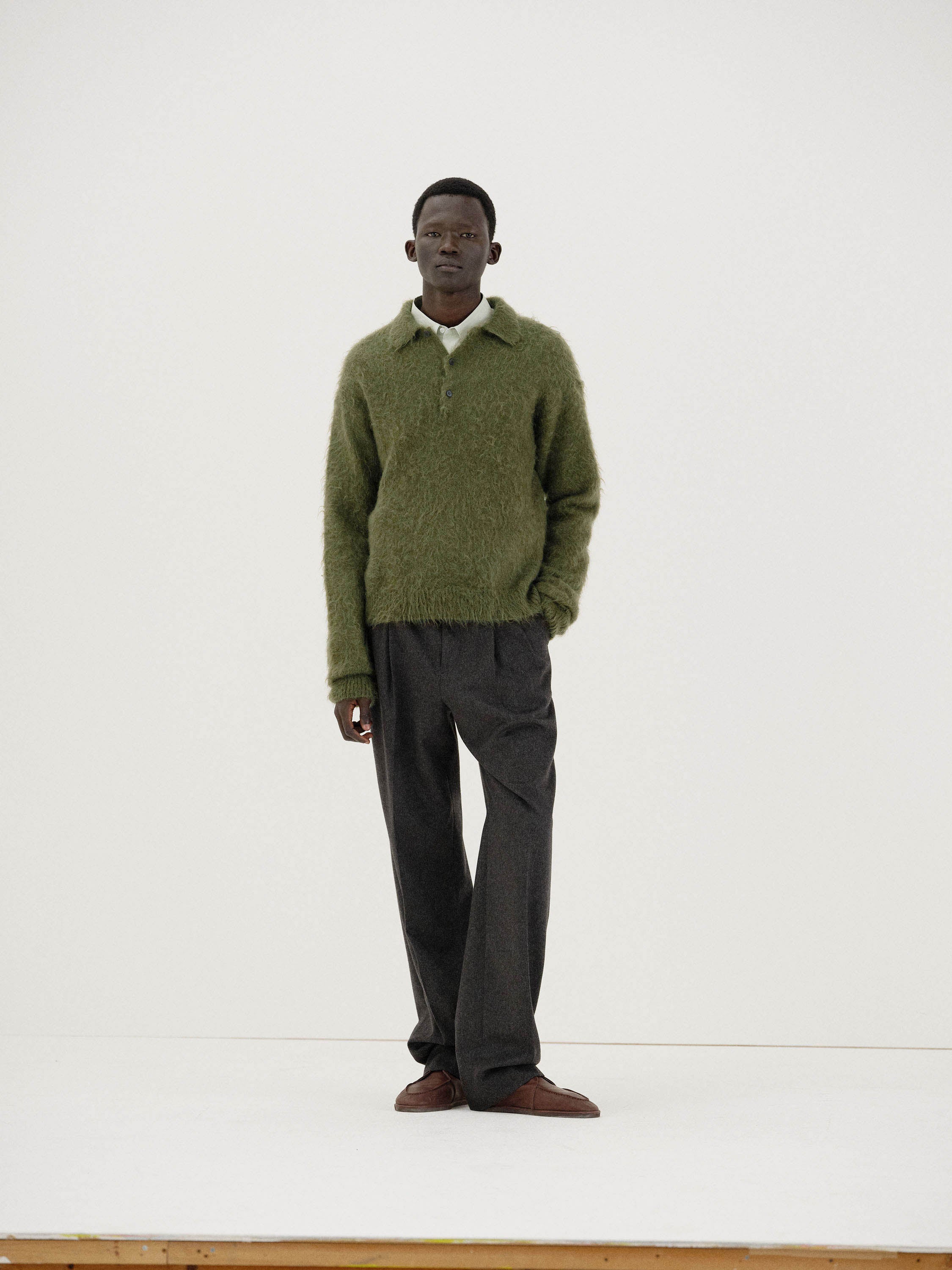 Auralee Brushed Super Kid Mohair Knit Polo - Olive – Totem Brand Co.