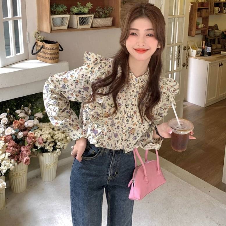 楽天市場】レディース ノーカラーフリル花柄シャツ トップス シャツ