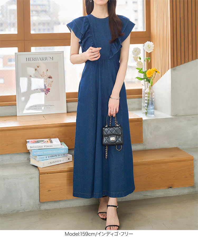 楽天市場】ワンピース デニム レディース ノースリーブ 夏 春夏 フリル