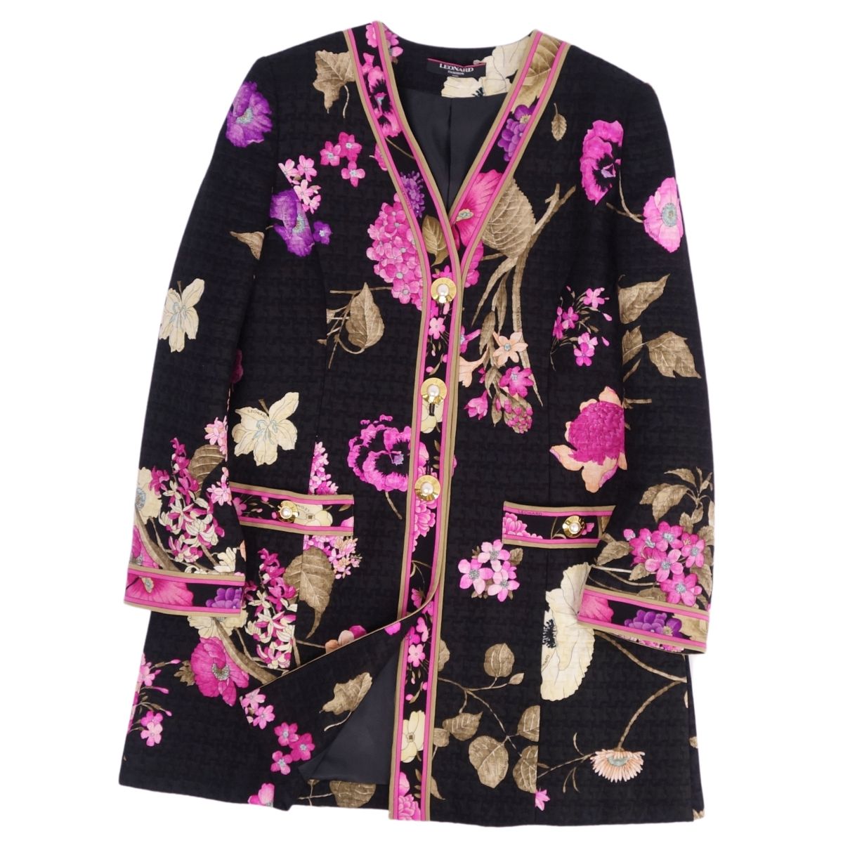 レオナール カーディガン はおり 総柄 花柄 トリム マルチカラー