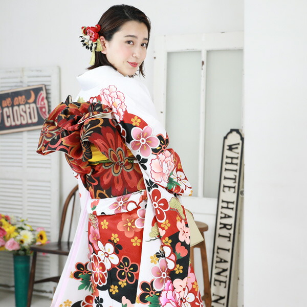 楽天市場】絵羽柄 振袖6点セット 販売 購入「白地に牡丹と梅」振袖