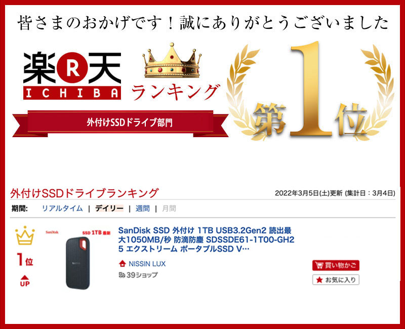 楽天市場】SanDisk SSD 外付け 1TB USB3.2Gen2 読出最大1050MB/秒 防滴