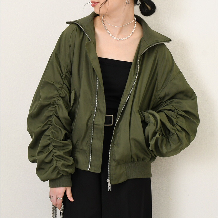 楽天市場】ダブルジップリブハイネックギャザースリーブブルゾン