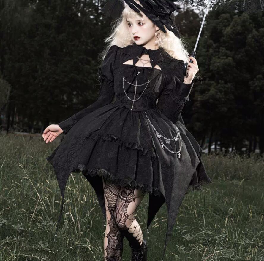 楽天市場】暗黒風 ロリータワンピース 膝丈 ゴスロリ 長袖ドレス