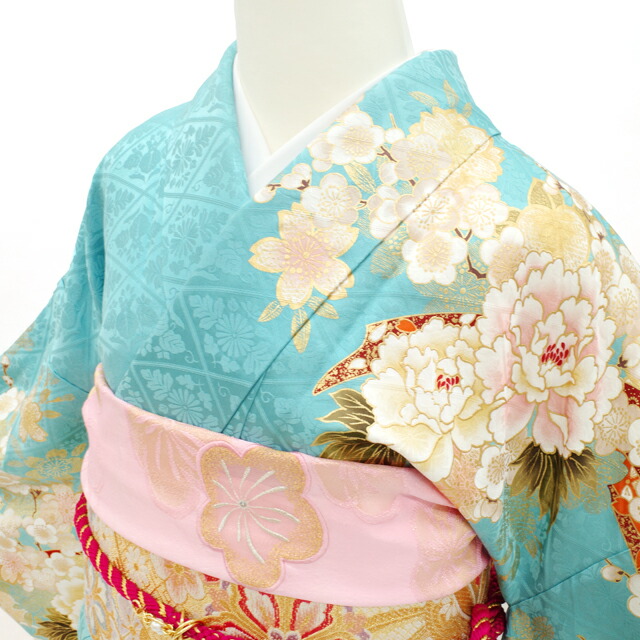 楽天市場】【新品】 振袖 袷 着物 正絹 絹 刺繍 水色 扇 四季の花 牡丹