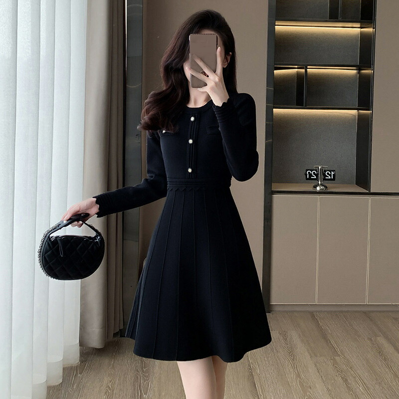 楽天市場】送料無料 ニットワンピース 黒 無地 Aラインワンピース