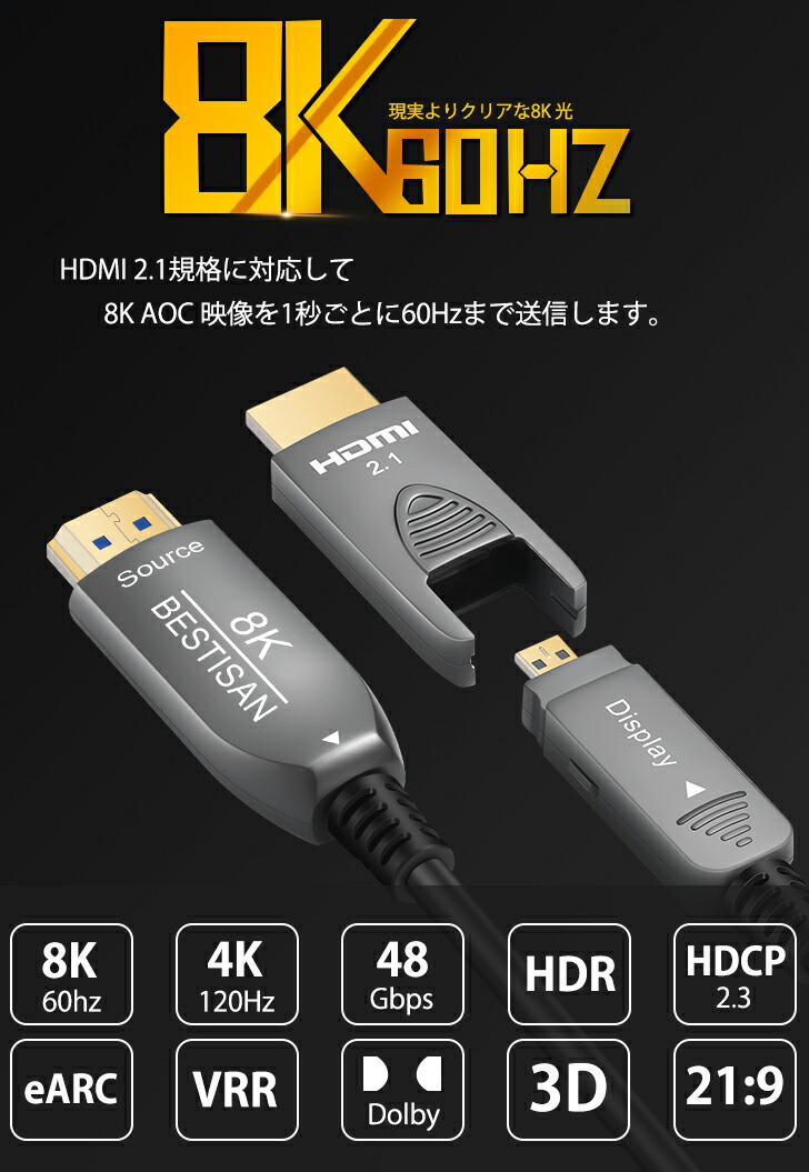 楽天市場】光ファイバー 8K HDMI AOC BESTISAN配管用着脱式 HDMI ARC