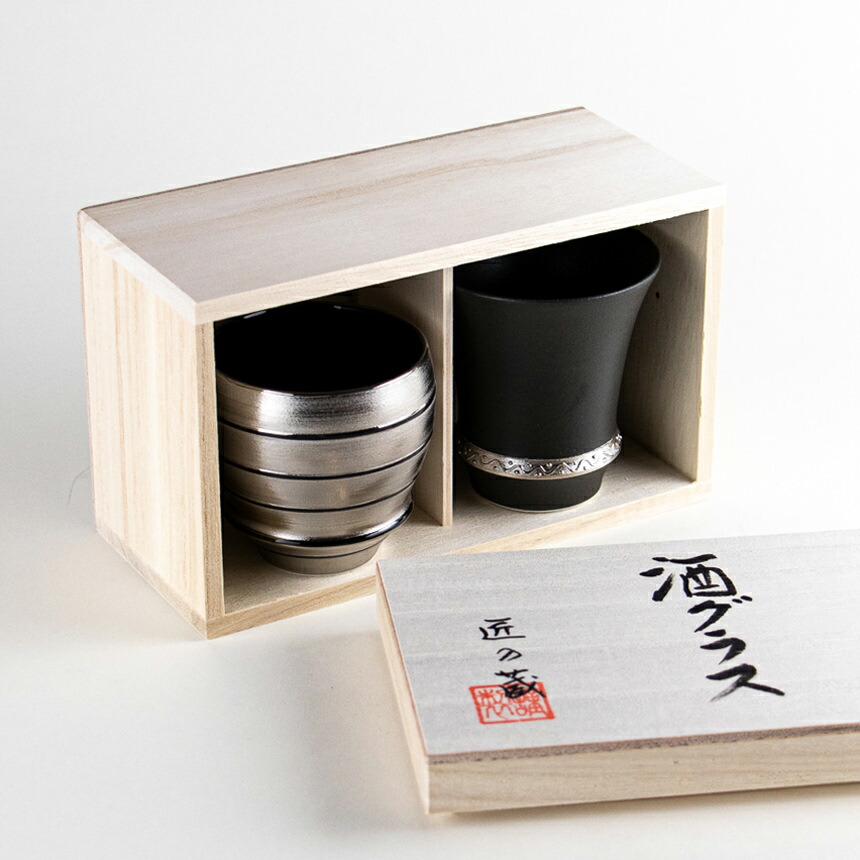 銀製 湯器 お猪口 木箱付き 夫婦湯呑み シルバー アンティーク 銀製 湯