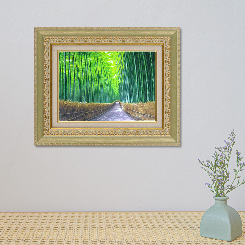 油絵 菅家令子 絵 絵画インテリア額付(青緑＋金色の枠) F4-071012女性