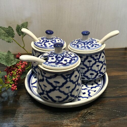 楽天市場】【調味料入れ 3容器 青白陶器】青白食器パイナップル柄陶器