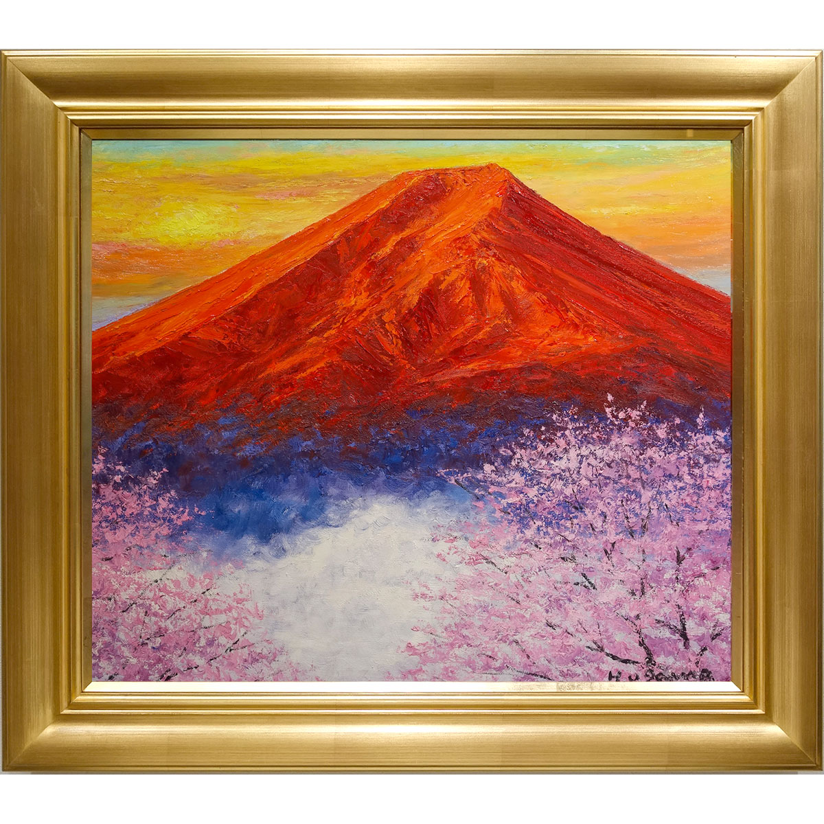 M▽小川久雄 富士山と河口湖 油彩 絵画 額縁 (38205) M▽小川久雄