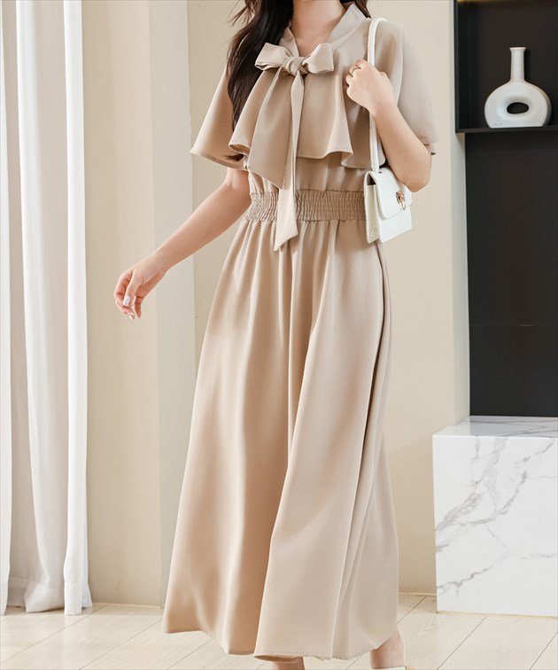 楽天市場】ボウタイ付き ケープ風 フリルカラー フレア ワンピース