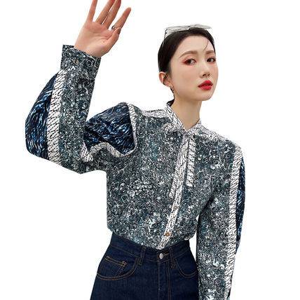 M fill ボウタイブラウス 幾何学模様 シャツ 比翼ボタン 青系 M fill