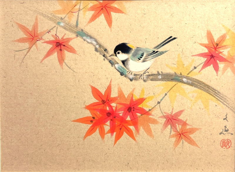 一点物 日本画 秋景山村図 紅葉 茅屋 掛軸 昭和レトロ 装飾的 一点物