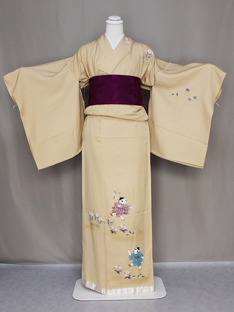 楽天市場】童子柄の訪問着 未仕立 正絹手描の訪問着 ベージュ色の訪問