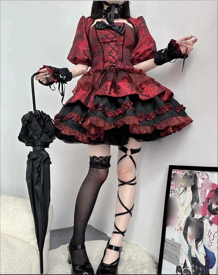 楽天市場】ロリータ ドレス 上下セット ワインレッド ゴシック風