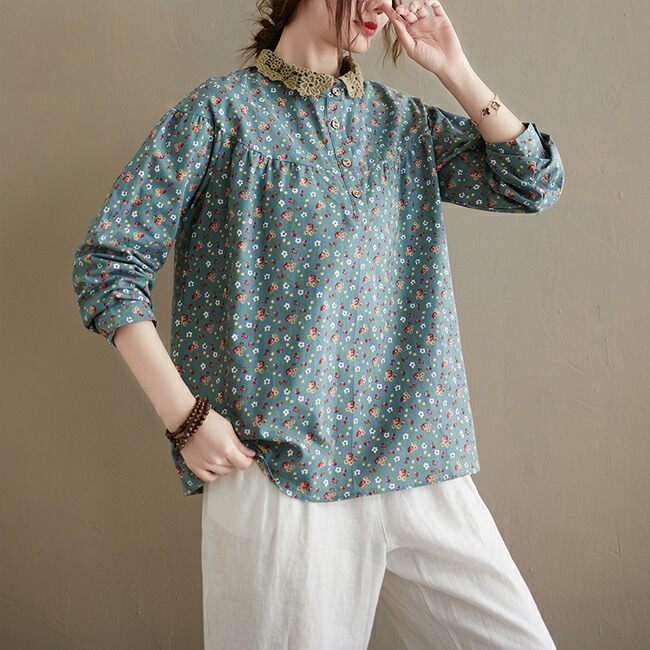 楽天市場】ブラウス レディース 長袖シャツ レース付き 花柄 丸襟 綿