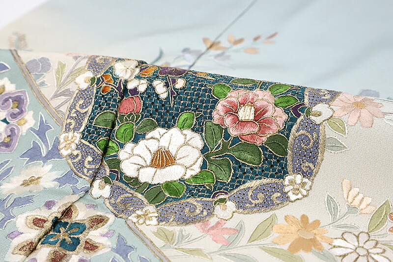 楽天市場】訪問着 正絹 ブルーグレー 更紗 菊 桔梗 桜 橘 女郎花 唐草