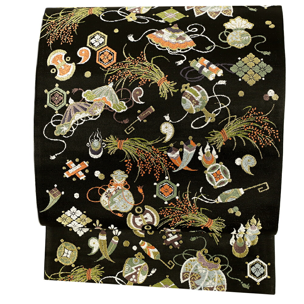 楽天市場】袋帯 正絹 西陣織 山下織物 唐織 黒地 豊年宝尽くし 未