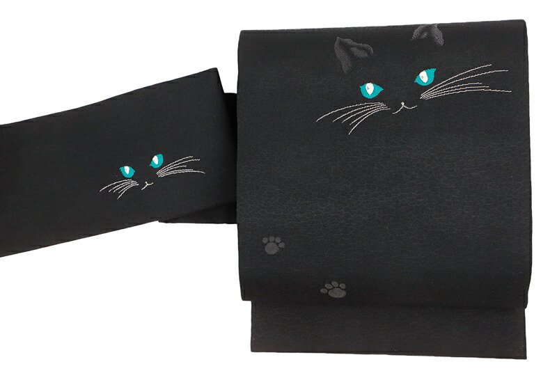 楽天市場】名古屋帯 西陣織 弥栄織物 猫 ねこの足跡 黒地 青 新品 九寸