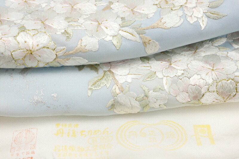 楽天市場】訪問着 手刺繍 正絹 水色 白 金糸 桜の木 未仕立て 反物 仮