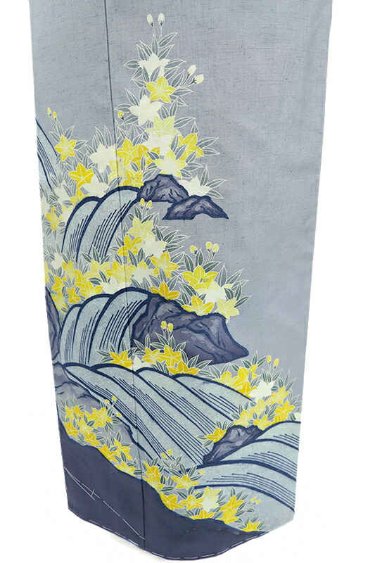 楽天市場】本場 結城紬 訪問着 正絹 着物 青 水色 花 鉄線 流水 岩