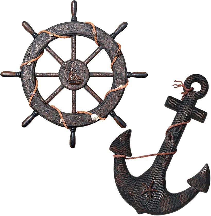楽天市場】海賊 オブジェ 舵 ＆ 碇 木製 かじ いかり 舵輪 船舵 錨