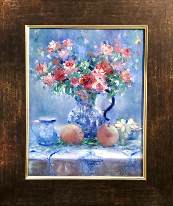 油絵 菅家令子 絵 絵画インテリア額付(黒) uF6-064104 静物 壺 瓶 絵画