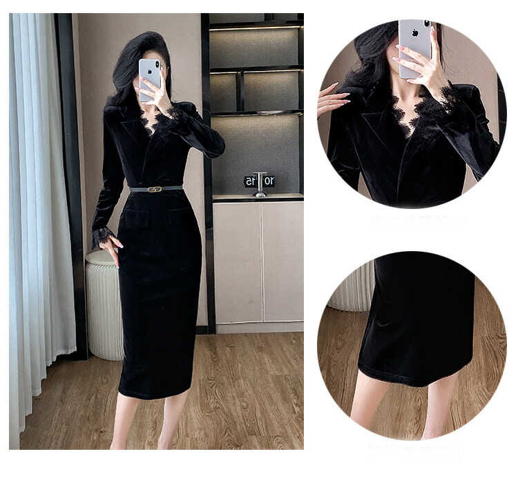 楽天市場】ベロア ワンピース Vネック スーツワンピース ベルト付き