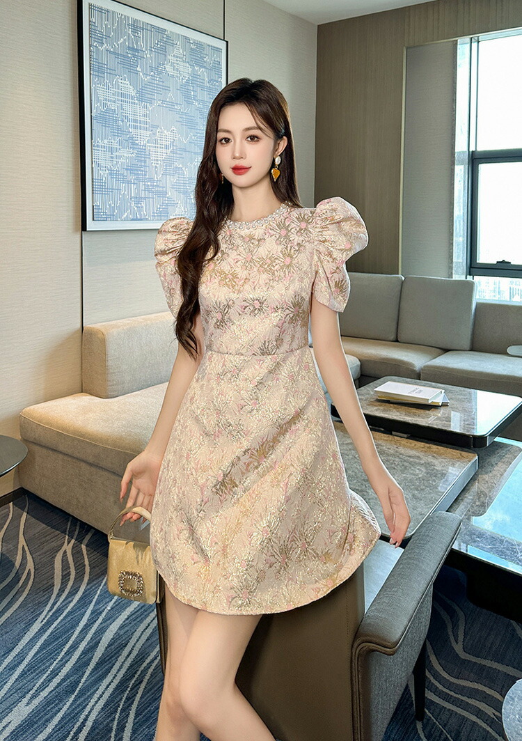 楽天市場】花柄ワンピース パールネック ジャガード キラキララメ