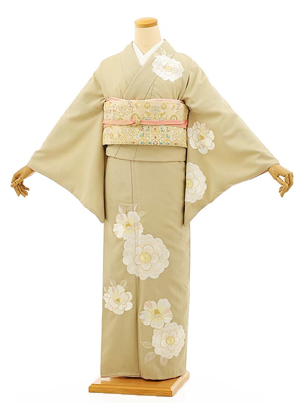 楽天市場】訪問着レンタルtc951 ベージュ地 刺繍 大花椿(化繊) 新品