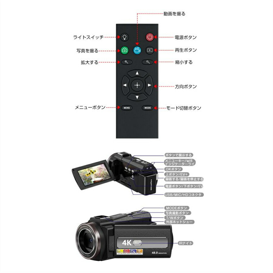 楽天市場】ビデオカメラ 4800万画素 vlogカメラ wifi 機能 デジタル