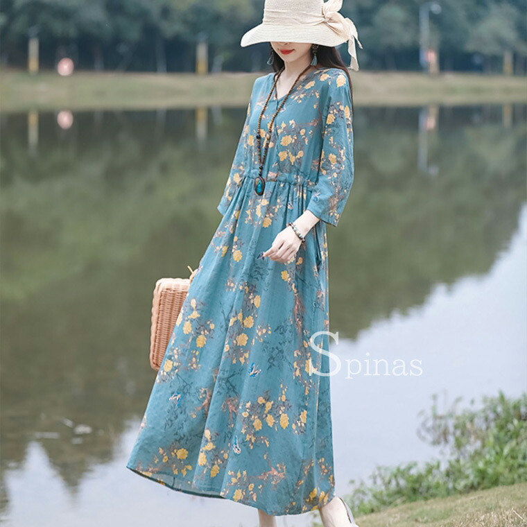 楽天市場】絵画のような絵柄のワンピース 七分袖 花柄 ハイウエスト