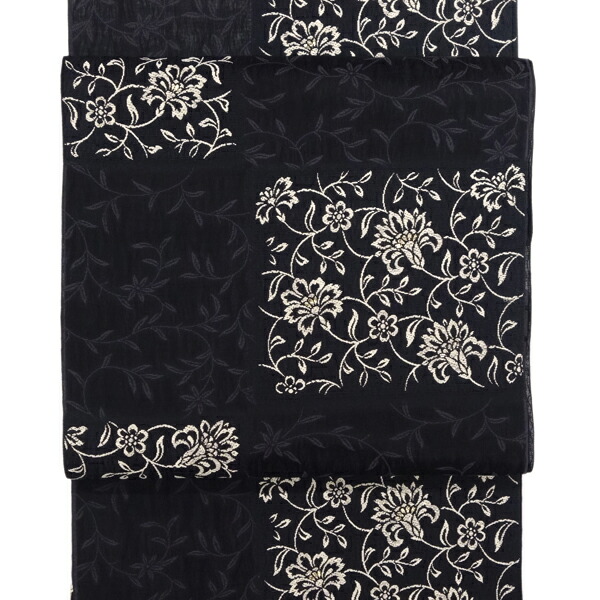 楽天市場】名古屋帯 正絹 弥栄織物 仕立て付き 黒 市松 花唐草 更紗