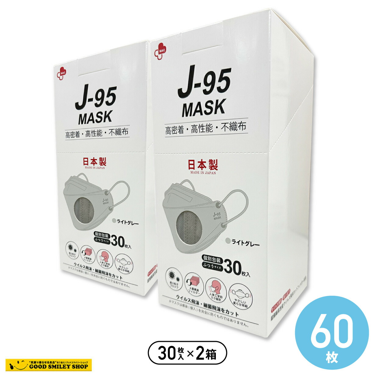 楽天市場】【2箱60枚】J-95マスク ライトグレー他7色選択可 JIS規格
