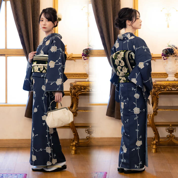 楽天市場】洗える着物 袷着物単品「ばら 墨紺色」KIMONOMACHI