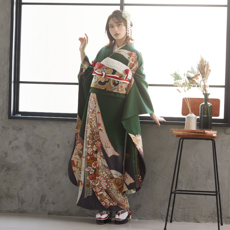 楽天市場】【振袖 レンタル】 結婚式 結納R674 正絹 深緑 熨斗に菊文