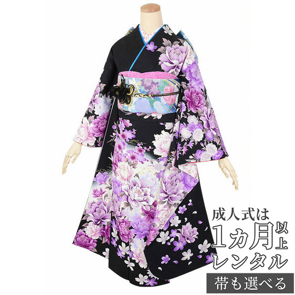楽天市場】【成人式 振袖 レンタル】RS1784 正絹 黒 紫牡丹（絹）フル