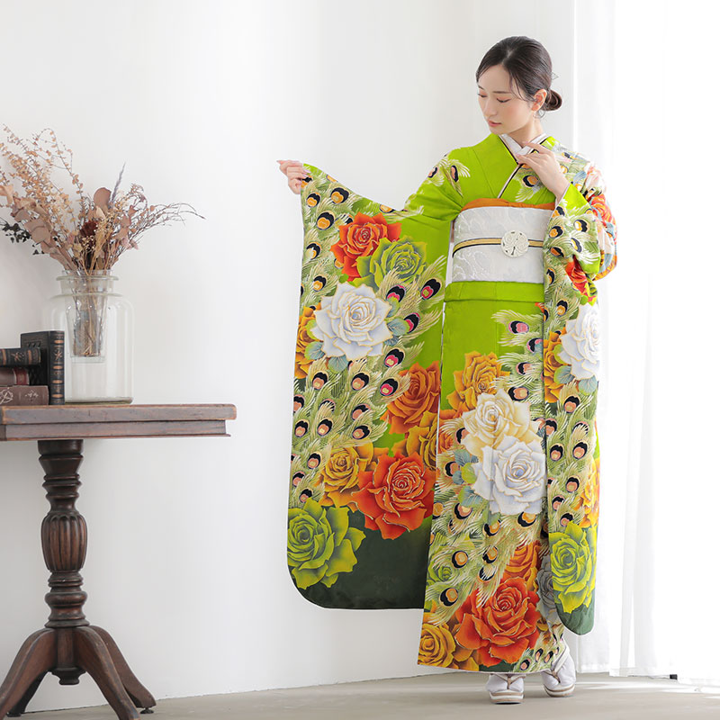 楽天市場】【成人式 振袖 レンタル】RS1723 正絹 黄緑 バラと孔雀羽根