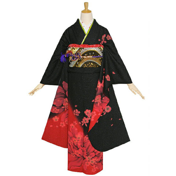 振袖フルセット ギャル 黒赤花柄 絹素材 振袖フルセット ギャル 黒赤花