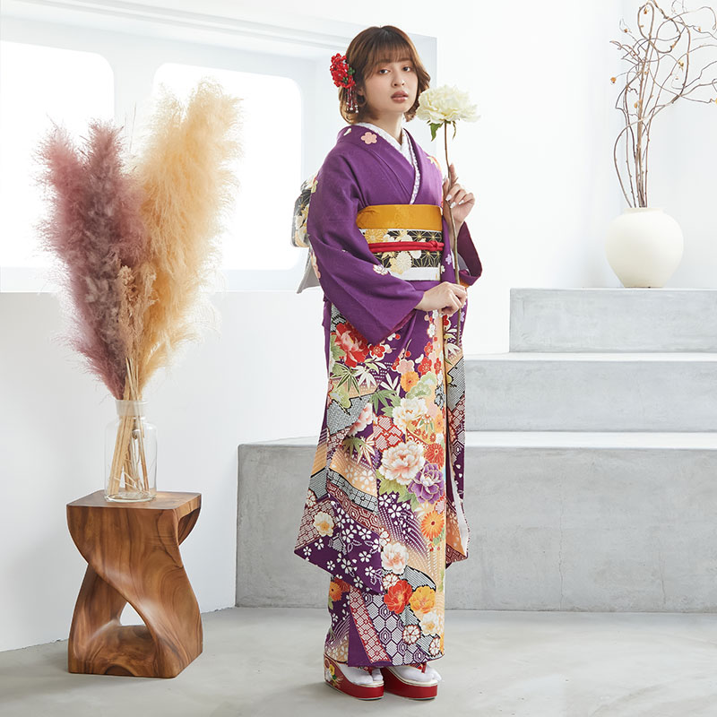 楽天市場】【振袖 レンタル】 結婚式 結納R1336 正絹 紫 牡丹と松竹梅