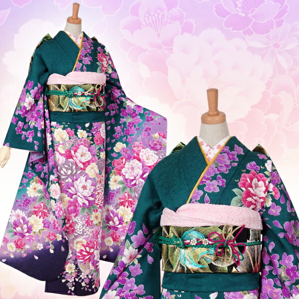 楽天市場】【成人式 振袖 レンタル】RS988 正絹 グリーン 華牡丹に蝶