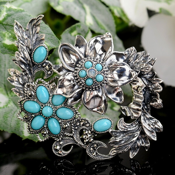 楽天市場】碌山 ターコイズ オパール アカンサスとフラワー ブローチ